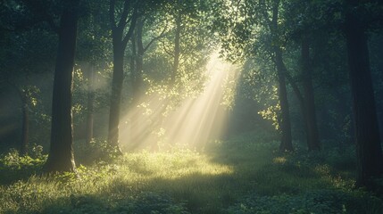 Sunlight Beams Through a Foggy Forest