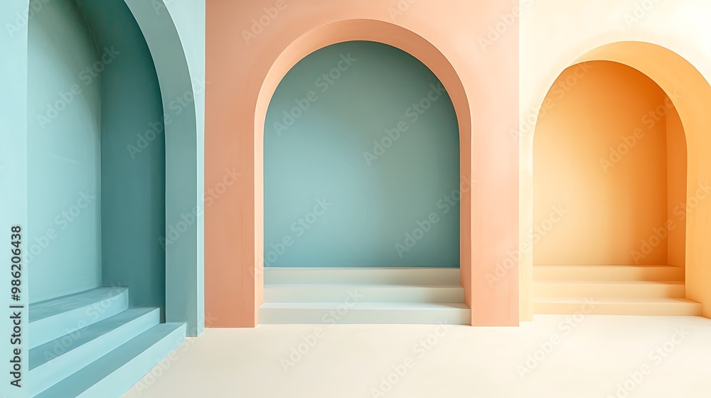 Poster archways and colorful walls form an abstract architectural design, merging geometry with art.