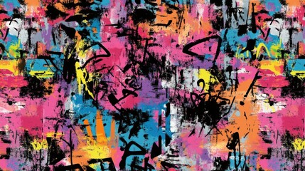 Abstract colorful artwork with black brushstrokes and splatters on a bright background.