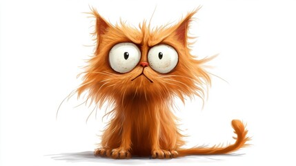 An orange cartoon cat with big eyes and a grumpy expression sitting on a white background.