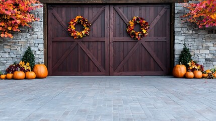 An autumnal garage door is decorated with pumpkins and wreaths, celebrating the fall season.