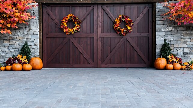 An autumnal garage door is decorated with pumpkins and wreaths, celebrating the fall season.