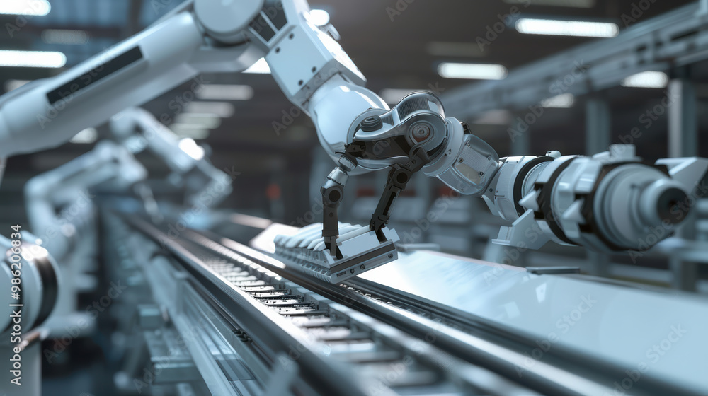 Poster automated robotic arms working on production line in modern factory, showcasing advanced technology 