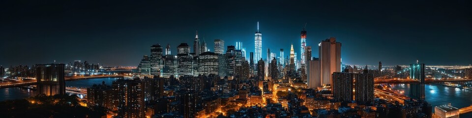 Obraz premium Panoramic view of the night skyline in New York 