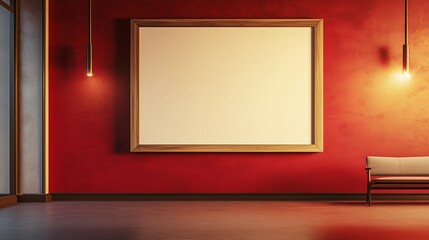 A minimalist living space featuring an empty wooden wall frame against a vibrant red accent wall, enhanced by dimmable, futuristic lighting that sets a calm yet stylish mood.