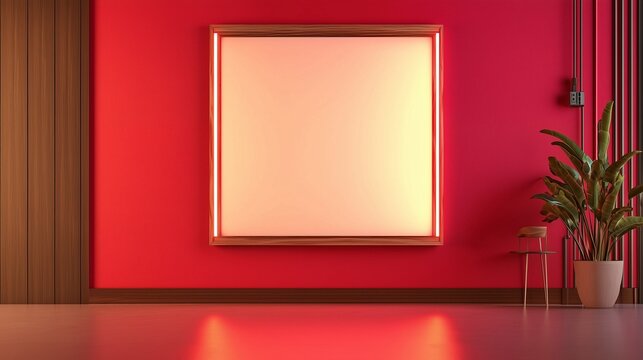 A minimalist living space featuring an empty wooden wall frame against a vibrant red accent wall, enhanced by dimmable, futuristic lighting that sets a calm yet stylish mood.