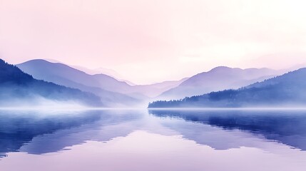 A misty mountain lake at sunrise, bathed in soft light and reflections of nature.