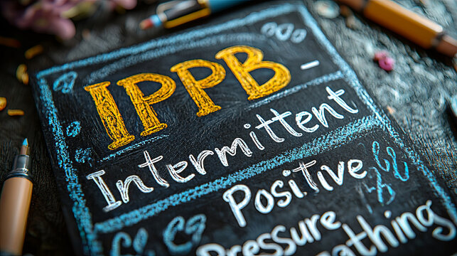 A chalkboard displays colorful, handwritten text art of IPPB: Intermittent Positive Pressure Breathing with detailed motifs and artistic elements.