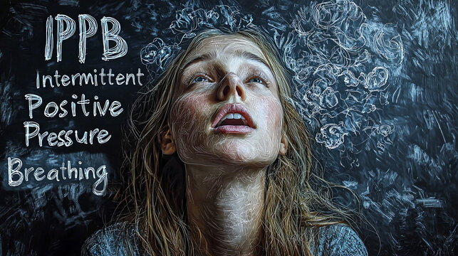 A woman looks up with an expression of awe, surrounded by artistic sketches symbolizing breathing techniques, with 'IPPB' and its full form written beside.