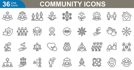 Community outline icons set vector illustrator. People, network, diversity, teamwork, support, connection, social and more.