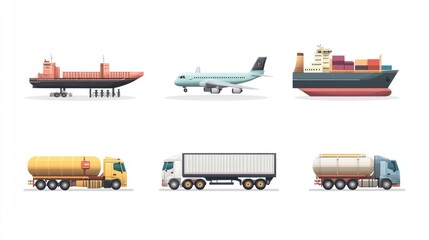 Fototapeta premium Set of flat design transport vehicles - a cargo ship, an airplane, a truck with a container, a tanker truck and a cargo ship.