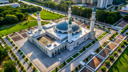 Obraz premium Aerial view of a contemporary mosque building, aerial, view, modern, mosque, architecture, religious, Islamic, structure, exterior