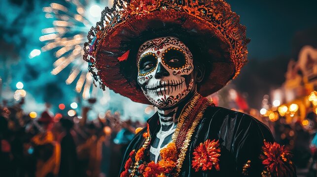 A man in a sombrero with a skeleton face painted on his face. He is surrounded by a crowd of people