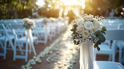 Wedding venue, focusing on clean white chairs arranged in rows, each chair decorated with beautiful flowers. Bright lights help to highlight the clean and modern atmosphere.