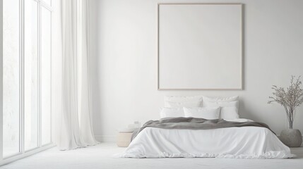 Minimalist bedroom interior with a large empty picture frame hanging on the wall above a made bed.