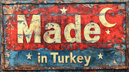 Fototapeta premium Photograph captures a weathered, rustic wooden sign prominently featuring 'Made in Turkey' text along with elements of the Turkish flag in a vintage style.