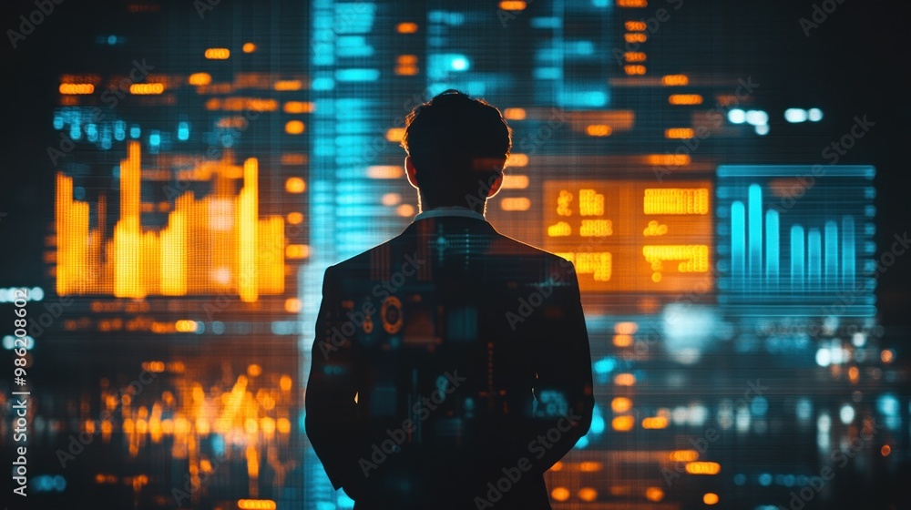 Poster a businessman stands in front of a wall of data, illuminated by the glow of a screen.