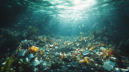 Fototapeta premium Underwater Plastic Pollution Crisis:Haunting Underwater Scene of Plastic Waste and Marine Life