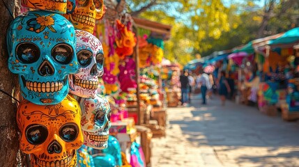 Fototapeta premium A colorful display of skulls and skeletons are on a street. The skulls are in various colors and sizes, and they are arranged in a way that catches the eye. The scene is lively and vibrant