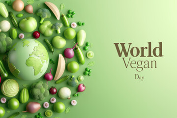 World Vegan Day celebration with array of fruits, vegetables, green background, Earth globe, veganism, health concept