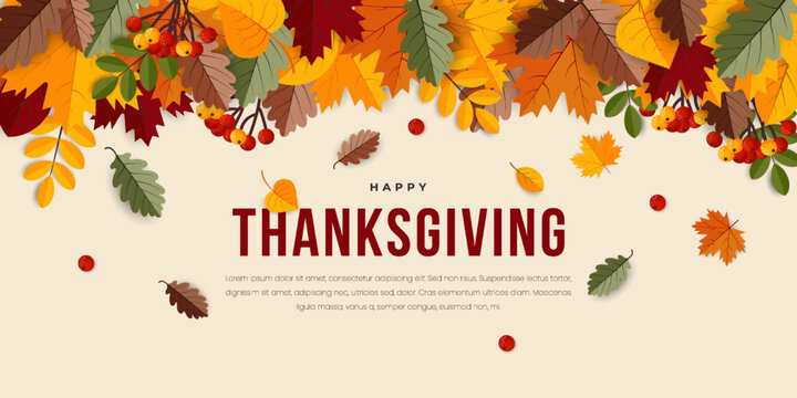 Happy thanksgiving greeting banner design template. Autumn background with pumpkin and dry fall leaves. Vector illustration