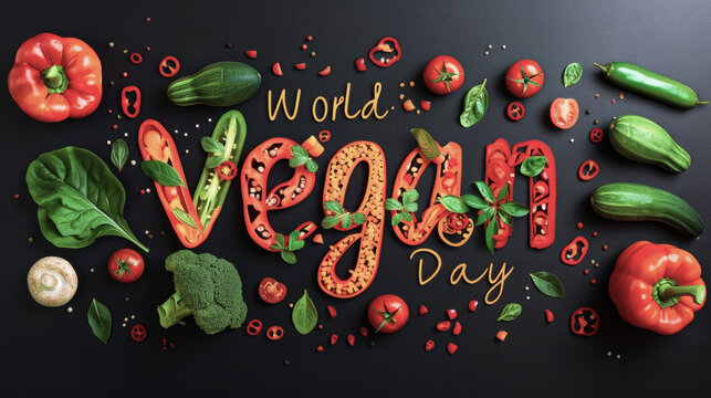 Colorful assortment of vegetables, zucchini, bell peppers, tomatoes, broccoli, poem spelling World Vegan Day, healthy food lifestyle concept - Powered by Adobe