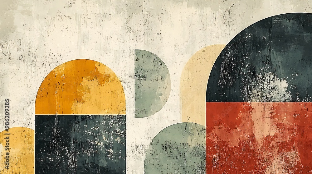 Poster geometric shapes with a cracked paint effect form a unique and rustic abstract composition.