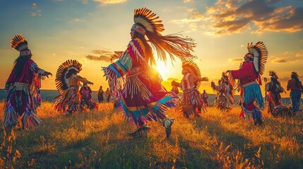 A group of Native Americans are dancing in a field with the sun setting in the background. Scene is lively and celebratory, as the dancers are dressed in traditional clothing