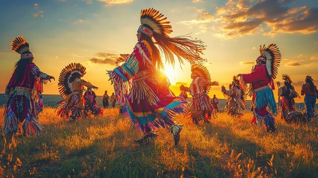 A group of Native Americans are dancing in a field with the sun setting in the background. Scene is lively and celebratory, as the dancers are dressed in traditional clothing