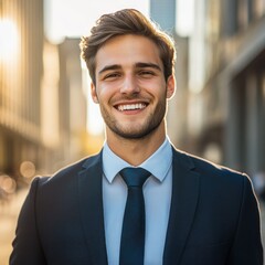 Portrait of a smiling businessman in a suit standing in an urban setting.