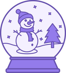 Colored Snow Globe Icon. Vector Icon. Happy Snowman in Hat and Scarf, Christmas Tree and Snow. Christmas and Holiday Concept