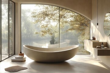 Fototapeta premium zeninspired minimalist bathroom with floating concrete vanity and freestanding oval tub soft natural light filters through frosted glass illuminating warm beige and cool gray tones