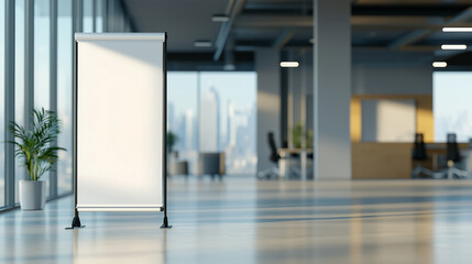 Empty Roll-Up Standee Banner in Modern Office Setting: Perfect Mockup for Corporate Branding, Advertising, and Promotions - Showcase Your Message in a Stylish, Professional Environment.