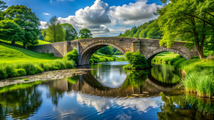 Fototapeta premium Arch stone bridge spanning over a serene river in a lush green landscape, arch, stone, bridge, scenic, landscape, river