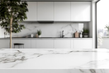 Fototapeta premium Mockup space on a luxury white marble tabletop with a blurred modern minimal white kitchen with generative ai