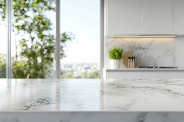 Fototapeta premium Mockup space on a luxury white marble tabletop with a blurred modern minimal white kitchen with generative ai