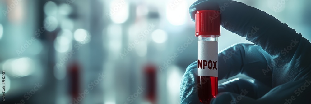 Poster Gloved hand holds a vial labeled 'MPOX' against a blurred lab background, symbolizing virus testing and monkeypox outbreak research.