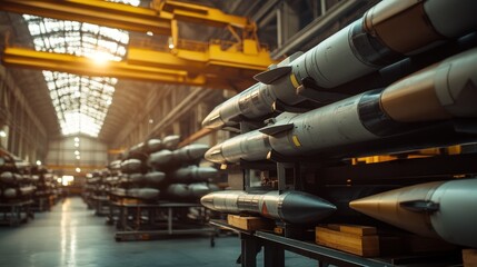 Rows of missiles in a hangar with an overhead crane in the background.