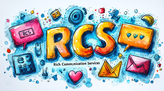 The image shows 'Rich Communication Services (RCS)' displayed in bright colors, set amidst an array of playful elements like speech bubbles and devices, suggesting connectivity.