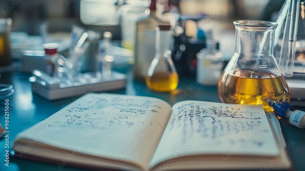 Poster open notebook with handwritten notes beside chemical flasks in a lab