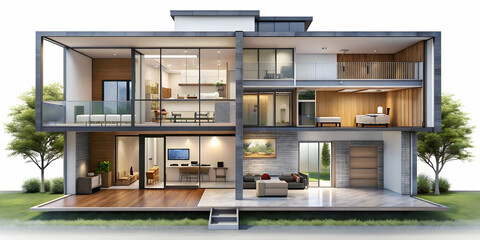 Architectural rendering of modern house with cutaway view showing interior spaces, modern, house, architecture, rendering