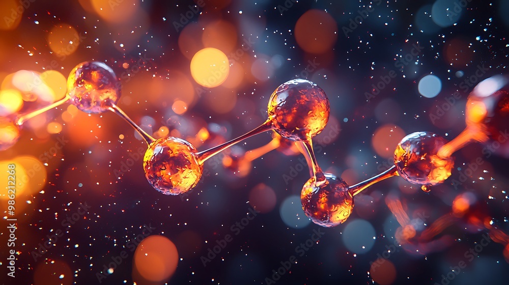 Poster an abstract molecular structure with bokeh lights represents the fusion of science and artistic beau