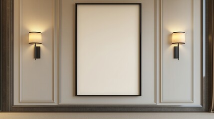 A large vertical blank frame on a clean beige wall, framed by two slim black sconces on either side, enhancing its modern simplicity.
