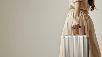 Unrecognizable Woman Holding a Suitcase Against Isolated Background: Ideal for Travel, Adventure, and Lifestyle Themes - Perfect for Marketing, Blogs, and Promotional Content in the Travel Industry.