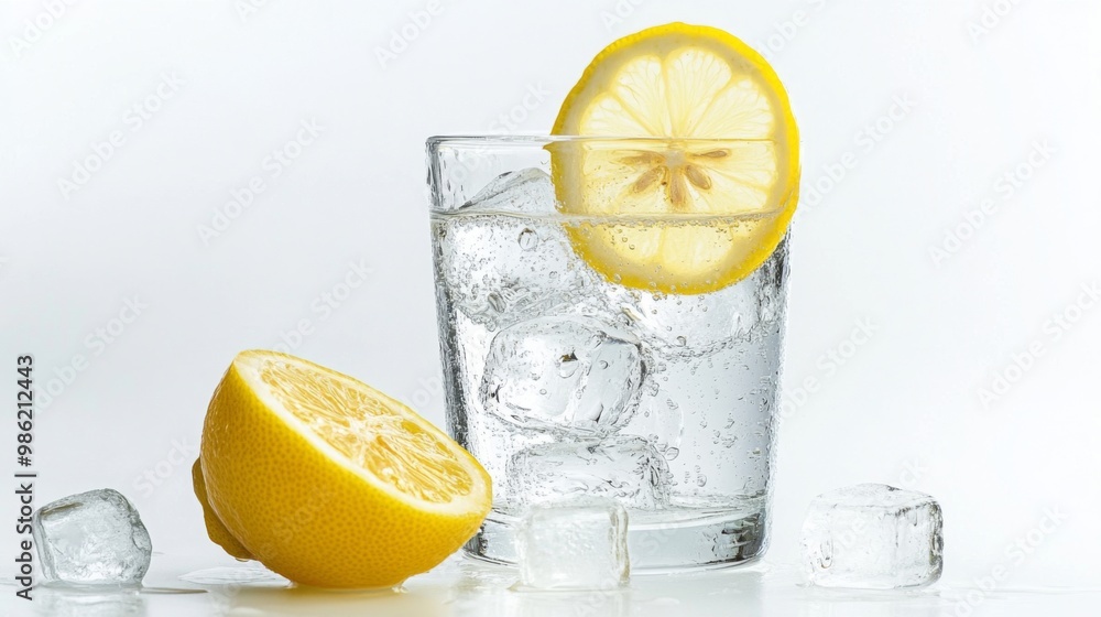 Poster a glass of chilled lemon water with ice cubes and a lemon slice garnish, placed on a white backgroun