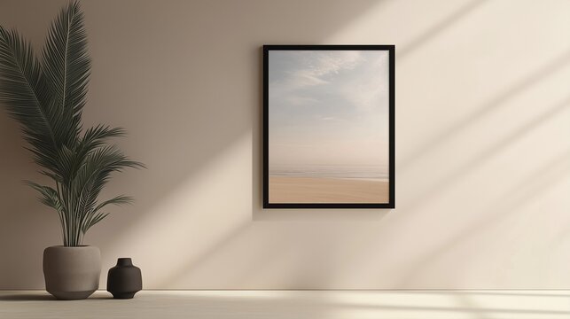 A medium-sized square frame with a black border hung on a soft beige wall, its minimalist design creating an elegant focal point.