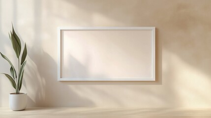 A minimalistic wide white frame on a beige wall with smooth texture, bathed in soft natural light for a sophisticated atmosphere.