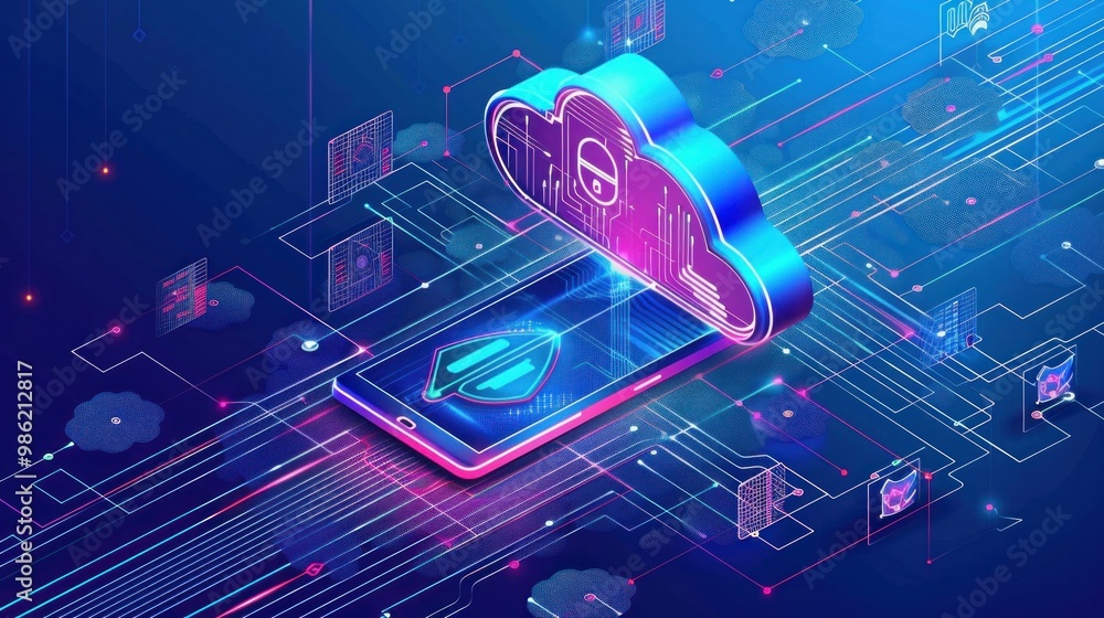 Aufkleber modern smartphone accessing a colorful cloud database with security symbols, showcasing digital conn