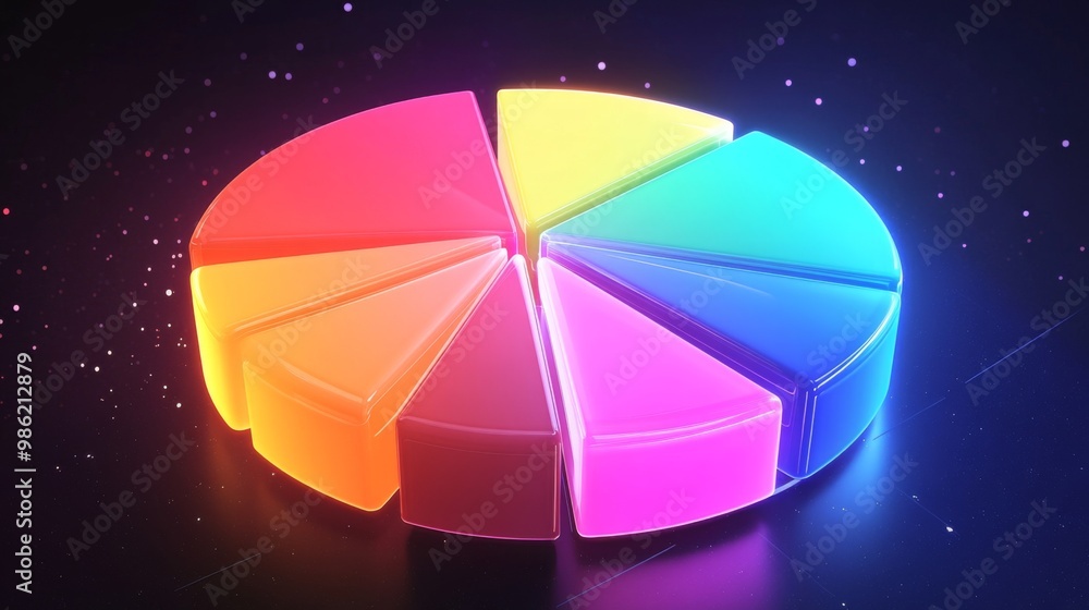 Poster a glowing 3d pie chart rotating in space, with vivid colors and separated segments representing diff