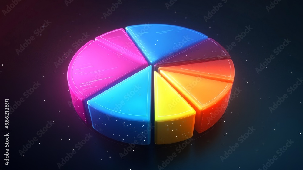 Poster a glowing 3d pie chart rotating in space, with vivid colors and separated segments representing diff
